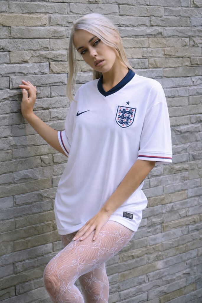 Emmylie Kristian World Cup 2026 webcam model in England football jersey